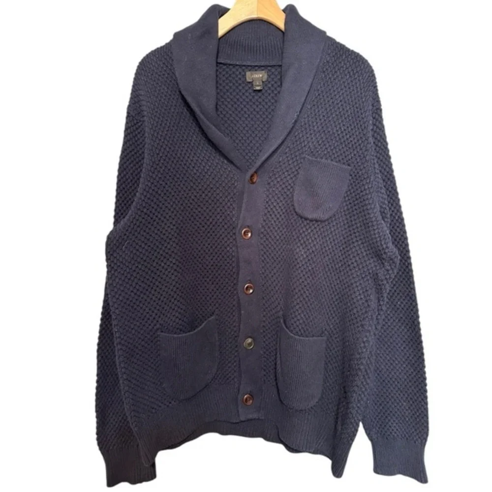J. Crew Men’s L Navy Blue Cotton Checkered Stitch Shawl Neck Sweater Cardigan
